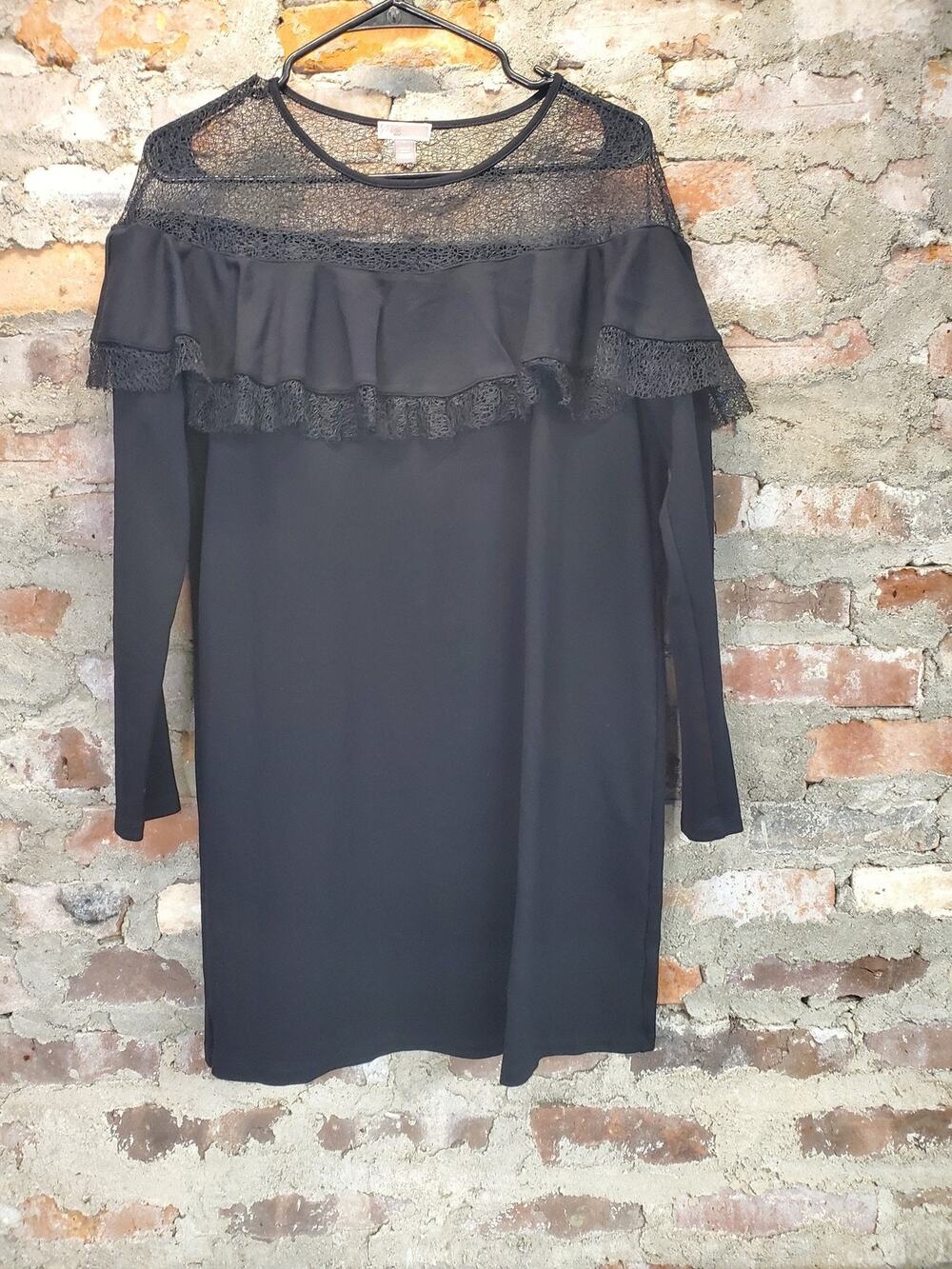 Chelsea 28 Womens Black Lace Ruffle Long Sleeve Cocktail Mini Dress L